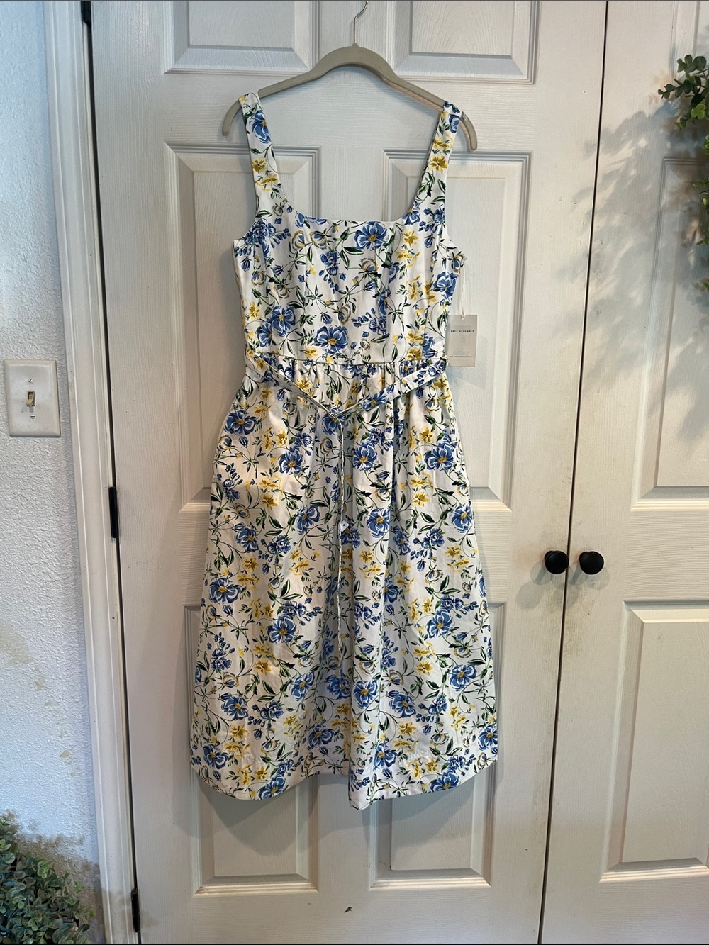 Square-Neck Floral Belted Cotton Midi Dress in White with Blue & Yellow